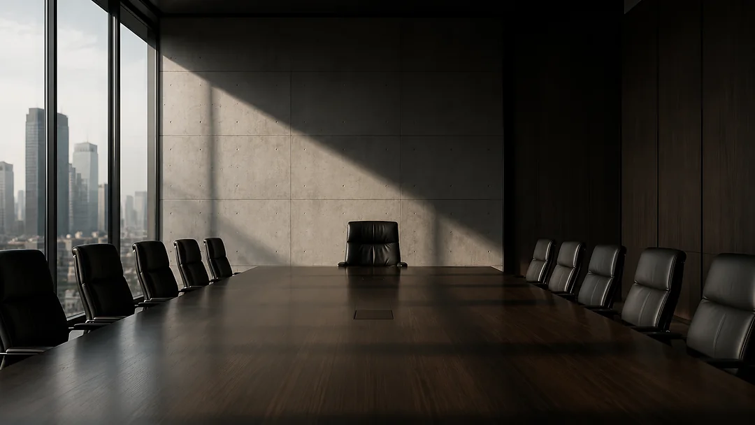 Dark executive boardroom with light falling across a concrete wall